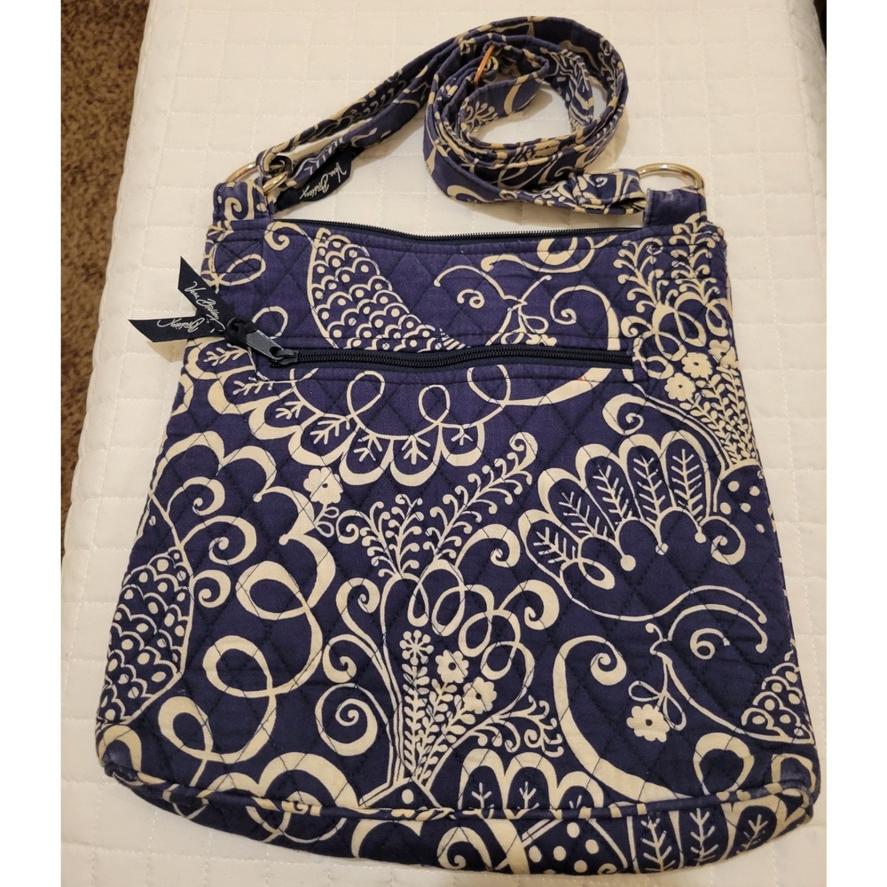 Vera Bradley Navy White Twirly Birds Floral Paisley Quilted Cotton Crossbody Bag